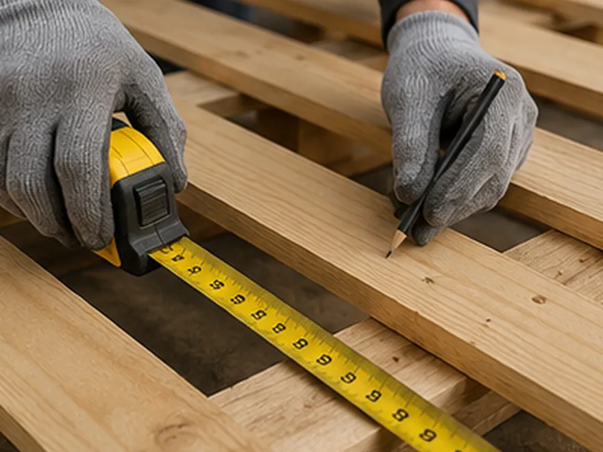 Fabricante de Tarimas Garo midiendo madera para armar una tarima a la medida en el taller de Puebla