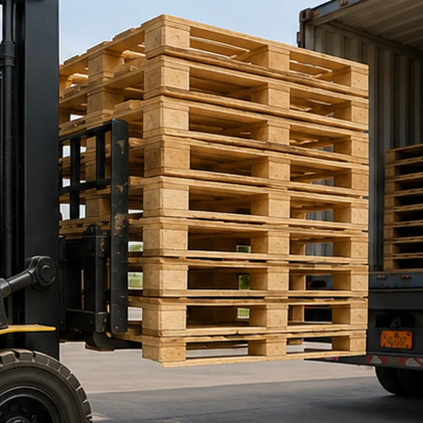 Montacargas cargando tarimas de madera para exportación en un camión, Tarimas Garo Puebla